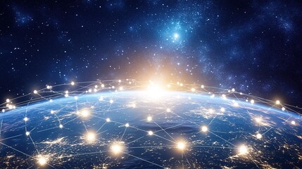 Abstract 3D Motion Graphic Representing Globalization, with Fiber Optic AI Networking, 5G Web Communication Signals Transmitting Worldwide, and Dots on a Rotating Blue Earth