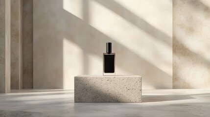 A glass bottle of perfume with a black top sits on a rough stone pedestal.