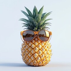 Stylish pineapple with sunglasses reflecting a sunny scene, standing against a clean white background for a fun, tropical vibe.
