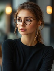 Smart young woman wearing stylish eyeglasses is thinking about future projects
