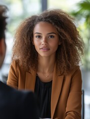 Obraz premium Confident young businesswoman listening attentively during a meeting