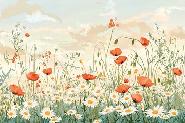 Fototapeta premium Blooming Meadow: A Vibrant Display of Poppies and Daisies Under a Soft Sky