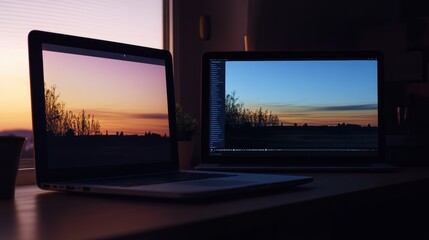 Fototapeta premium two laptops showing the same picture with different tone due to the difference of screen's ability to show valid color gamut