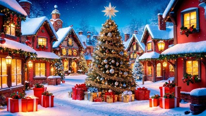A cozy winter wonderland scene, set in a snow-covered village, with festive decorations and twinkling lights adorning the buildings and streets