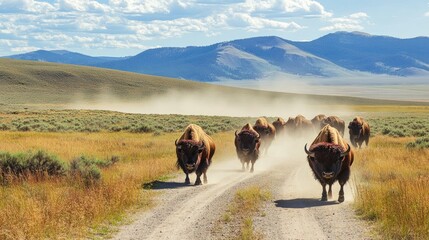 Herd of bison walking along a dirt path through the prairie, creating dust in the air, with vast open land and mountains in the distance