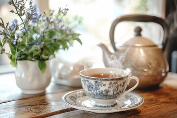 Tea Time: A Cozy Setting with Floral Accents and Traditional Pottery