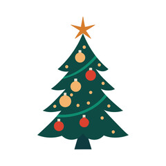 Silhouette of a Christmas tree with branches adorned with ornaments and a shining star on top.