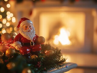 Obraz premium Santa Figurine in Red Suit Sitting a Mantel with Christmas Decor and Warm Fire Glow
