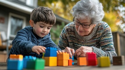 A grandmother and her grandson happily create colorful structures with building blocks on a sunny autumn day in the backyard.