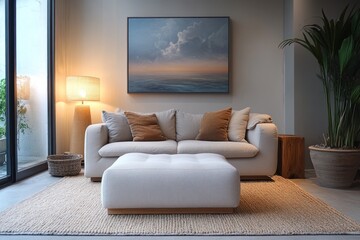 Cozy living room with modern decor and art.