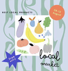 Farm market poster. Vegetables, ftuits, berries