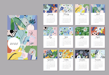 Calendar 2025. Hand drawn printable creative template with floral elements