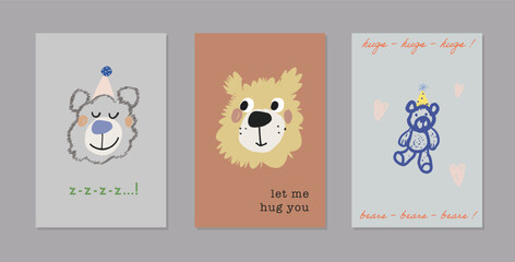 Set of cute hand drawn cards with bears
