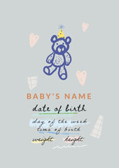Cute birth poster with bear. Newborn metric. Vector 