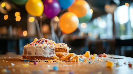 A broken and damaged cake with smudged frosting and pieces crumbling off on a table with colorful balloons on background. Unfortunate or ruined birthday celebration
