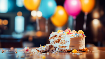 A broken and damaged cake with smudged frosting and pieces crumbling off on a table with colorful balloons on background. Unfortunate or ruined birthday celebration
