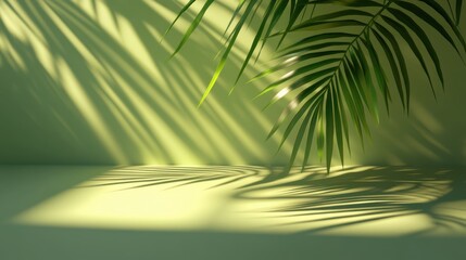 Fototapeta premium shadow of a palm leaf on the wall, with a green background