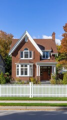 Charming brick house with a brown roof and white picket fence surrounded by vibrant autumn foliage on a sunny day