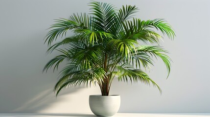 Fototapeta premium A large palm tree is sitting in a white pot on a white wall