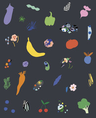 Seamless background with vegetables, fruits, berries. Vector