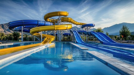 Naklejka premium Long, twisting water slides in blue and yellow colors, weaving around each other above a clear pool, with mountains in the distant background