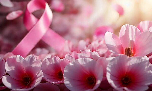 A delicate pink cancer awareness ribbon surrounded by soft pink flowers and petals, captured in a gentle focus, symbolizing hope, strength, and solidarit