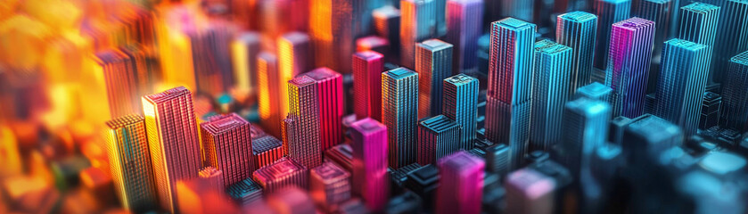 Obraz premium vibrant cityscape with colorful skyscrapers illuminated at night, showcasing blend of modern architecture and dynamic lighting. scene evokes sense of energy and urban life