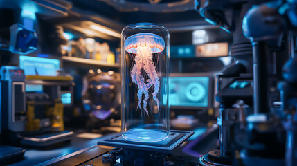 A jellyfish specimen floating inside a glass tube for experimental research in a modern laboratory. Animal testing concept