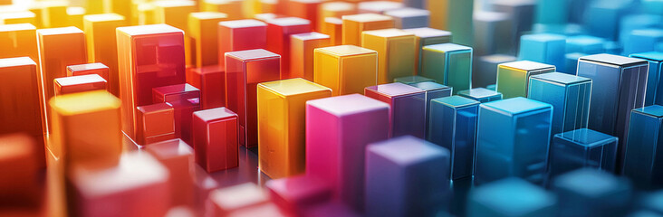 Colorful abstract blocks in vibrant cityscape design, showcasing depth and dimension. bright hues create lively atmosphere