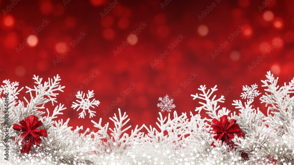 Poster a red background with white snowflakes and red bows