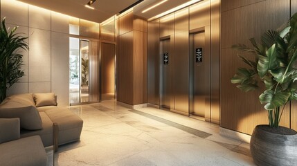 Modern elevator with digital buttons, brushed steel finish in a quiet residential lobby with soft lighting