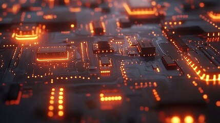 Fototapeta premium Close-up of an illuminated circuit board with glowing orange lines.