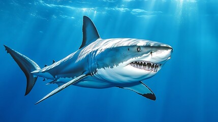 A Great White Shark swims through the ocean with its mouth open, showing its sharp teeth.