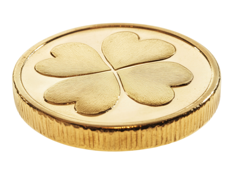 A shiny gold coin featuring a four-leaf clover design, symbolizing luck and prosperity. Isolated on transparent white background, png	 - Powered by Adobe