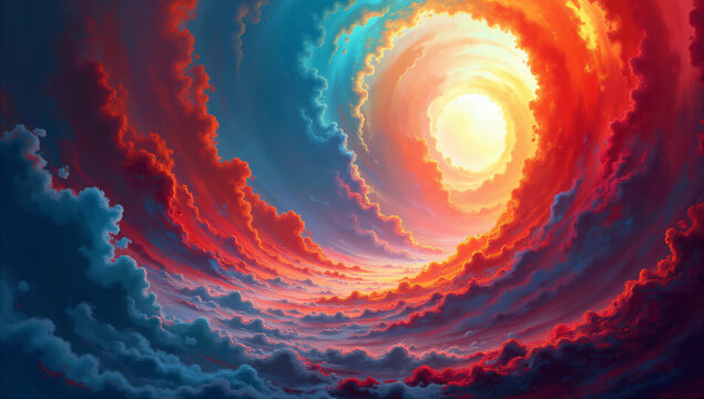 A vivid cloud vortex spiraling towards a radiant sun, showcasing vibrant shades of orange, blue, and red, creating a celestial, dreamlike ambiance.