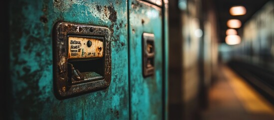 Close-up of an old rusty blue locker with a coin slot and a blurred hallway in the background.