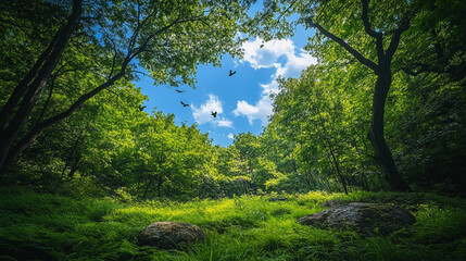 Fototapeta premium Lush green forest with trees, rocks, and birds flying in blue sky during daytime in spring