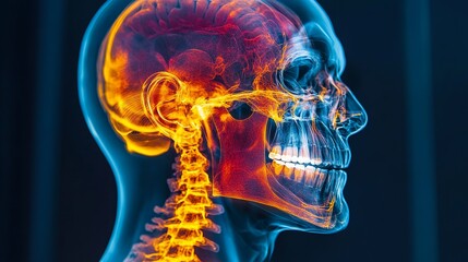 Medical X-ray examination of a human head. The image focuses on the jaw joint, which is highlighted with a combination of yellow and red colors. 