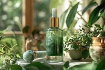 Green skincare bottle with jade roller and plants.