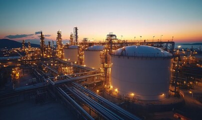 A vast industrial complex with a massive LNG storage tank designed for holding liquified natural gas at low temperatures, showcasing modern energy infrastructure