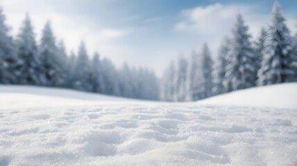 Obraz premium beautiful winter day in a serene snowy landscape background. fresh, untouched snow covers the ground, in the background, snow-covered pine trees create a blurred backdrop