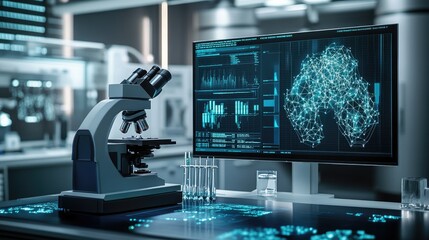 Scientific microscope focused on nanotech samples, with digital data monitors showing intricate molecular structures in a sterile lab