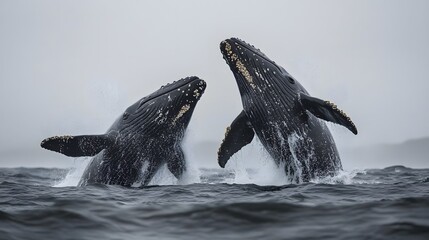 Fototapeta premium Two Humpback Whales Breaching Ocean Surface Together