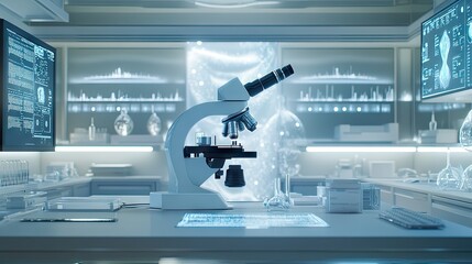 Scientific microscope with nanotechnology samples, digital data screens, and a bright, clean laboratory setting