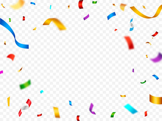 Colorful confetti explosion on transparent background. Party decoration frame for birthday, anniversary, celebration, holiday flyer.