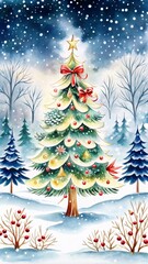 Fototapeta premium Christmas tree in festive mood, outdoors, covered in snow with a winter background, copy space