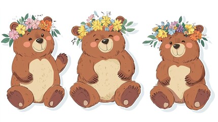Adorable Bears Crafting Crowns of Spring Flowers, Designed in a Round Sticker Format on a White Background