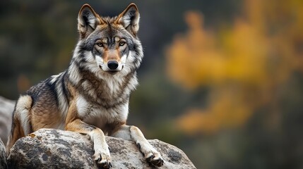 Fototapeta premium Majestic Wolf Resting on a Rock in Autumnal Setting