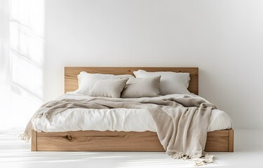 Minimalist Wooden Bed with Linen Bedding and Throw