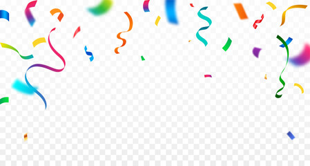 Colorful confetti pattern border frame. Many falling colorful tiny confetti and ribbon on white. Carnival festivity, confetti,